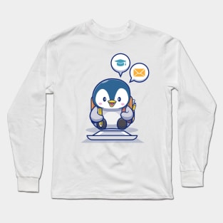 Cute Penguin Write On Paper With Pencil Long Sleeve T-Shirt